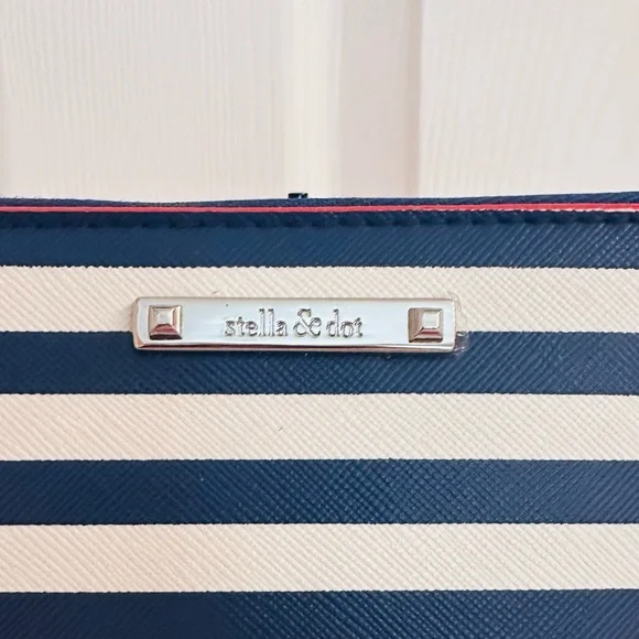 STELLA & DOT ~ Navy and White Striped Wristlet w/Red Trim Tan Strap and Interior - Picture 3 of 8